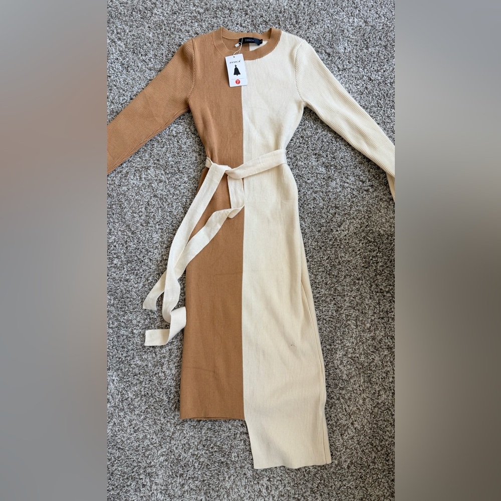 Colorblock Ribbed Knit Midi Dress in Camel & Cream - Picture 2 of 3